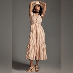 Anthropologie Sleeveless Peach-Striped Button-Front Midi Dress